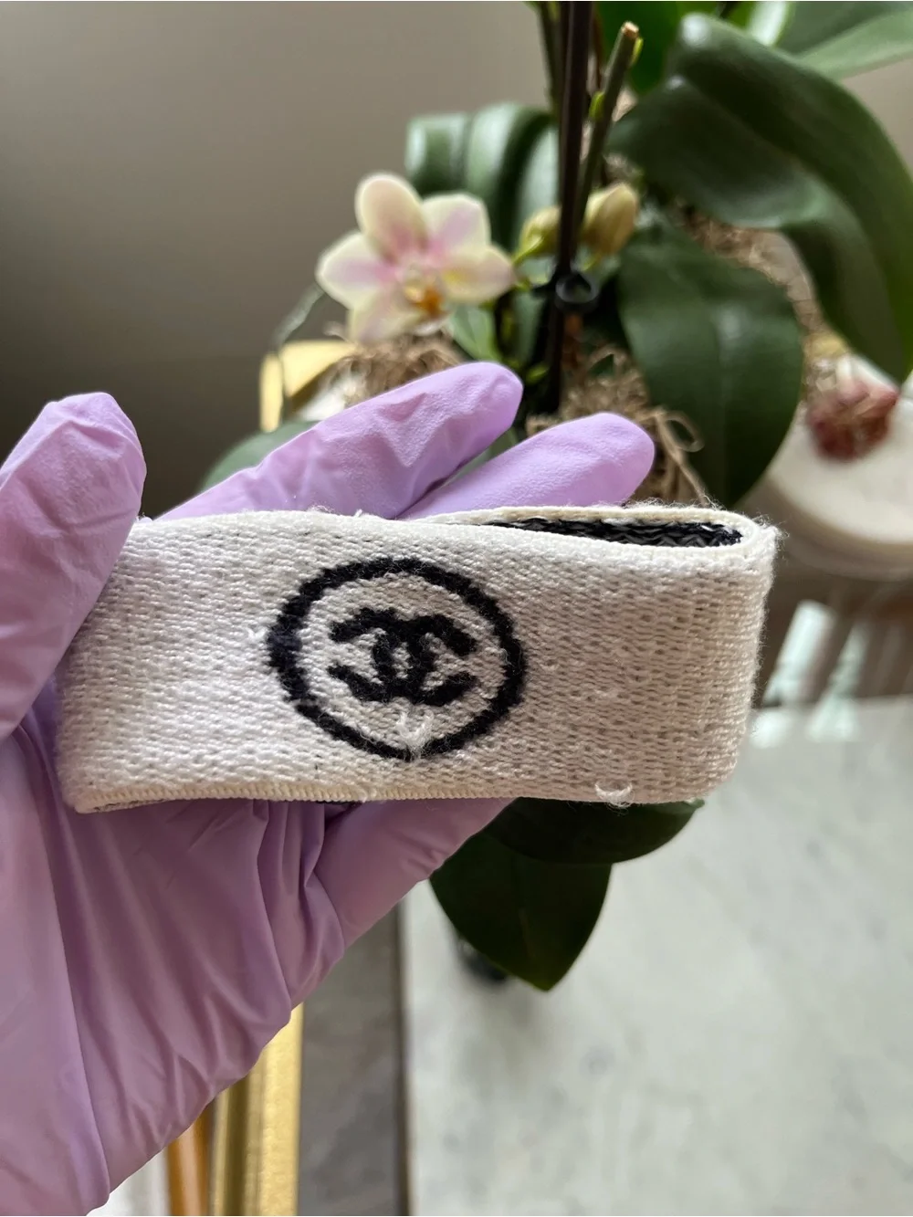 CHANEL Ivory & Black CC Terrycloth Knit Logo Wristband Vintage